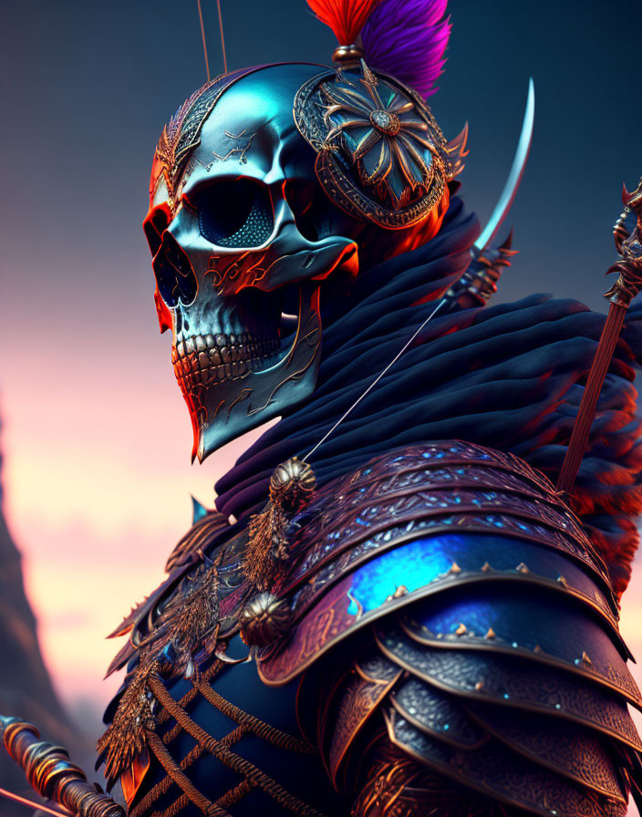 Detailed 3D warrior illustration with skull helmet and gold-accented armor on moody background