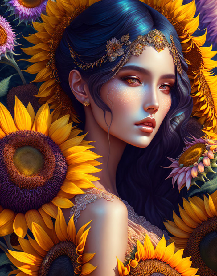 Vibrant woman with blue hair and golden accessories in sunflower setting