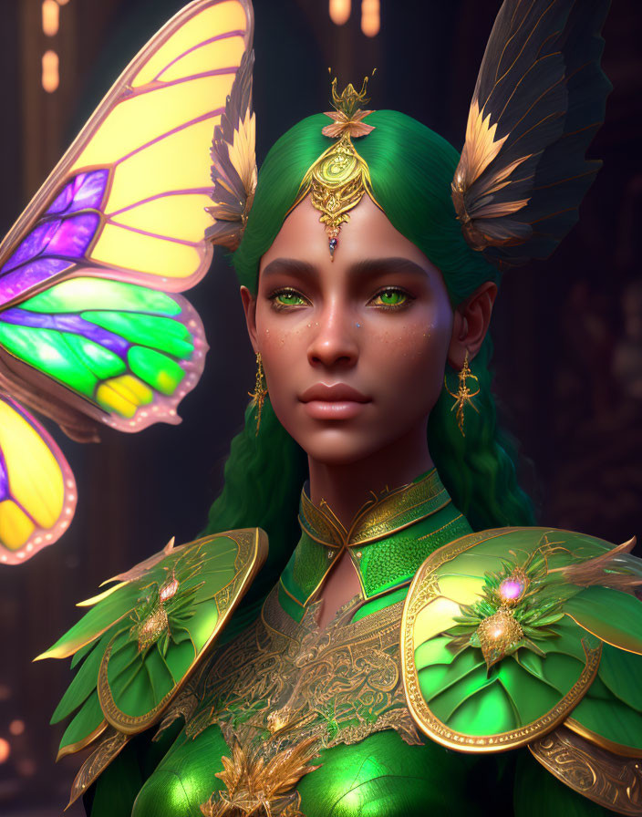 Digital artwork featuring mythical being with green skin, golden accessories, butterfly wings, and elf-like ears.