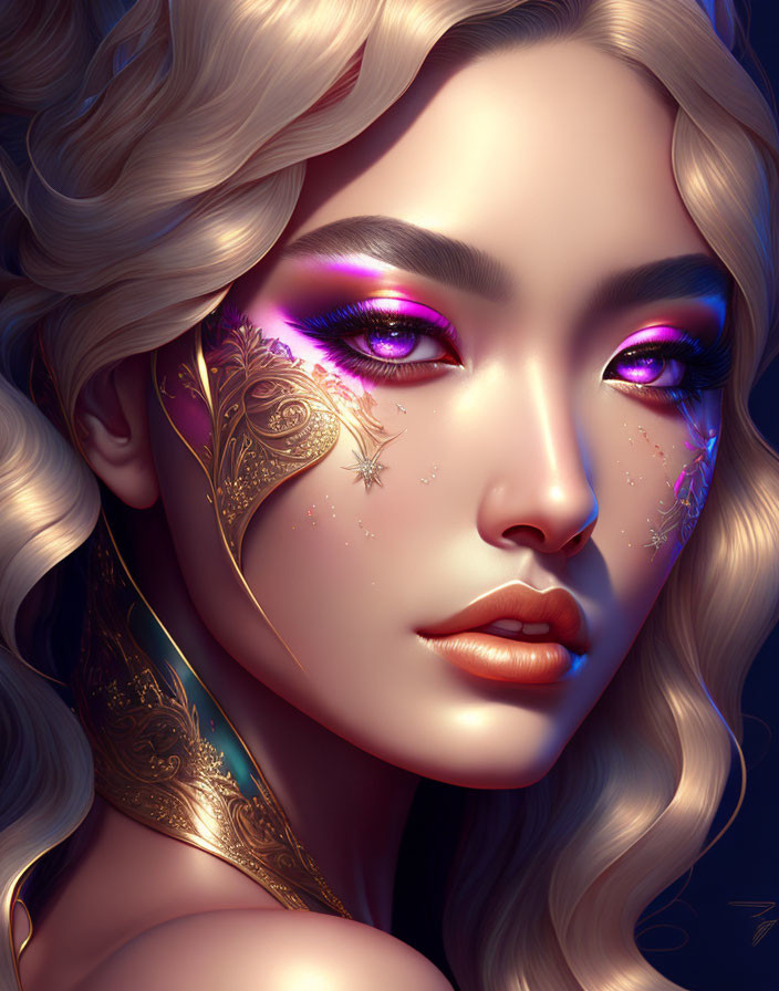 Digital portrait of woman with golden tattoos, purple eye makeup, and blonde hair