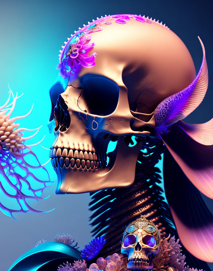 Colorful Skull Artwork with Floral Decorations on Abstract Background