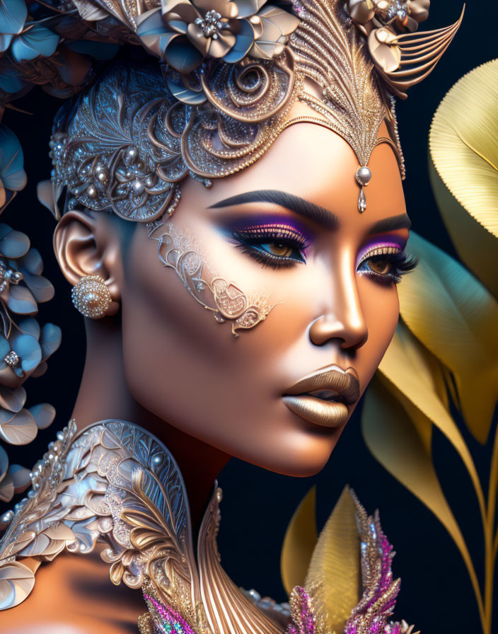 Digital portrait of woman with metallic floral headpiece and purple eye makeup against golden leaves