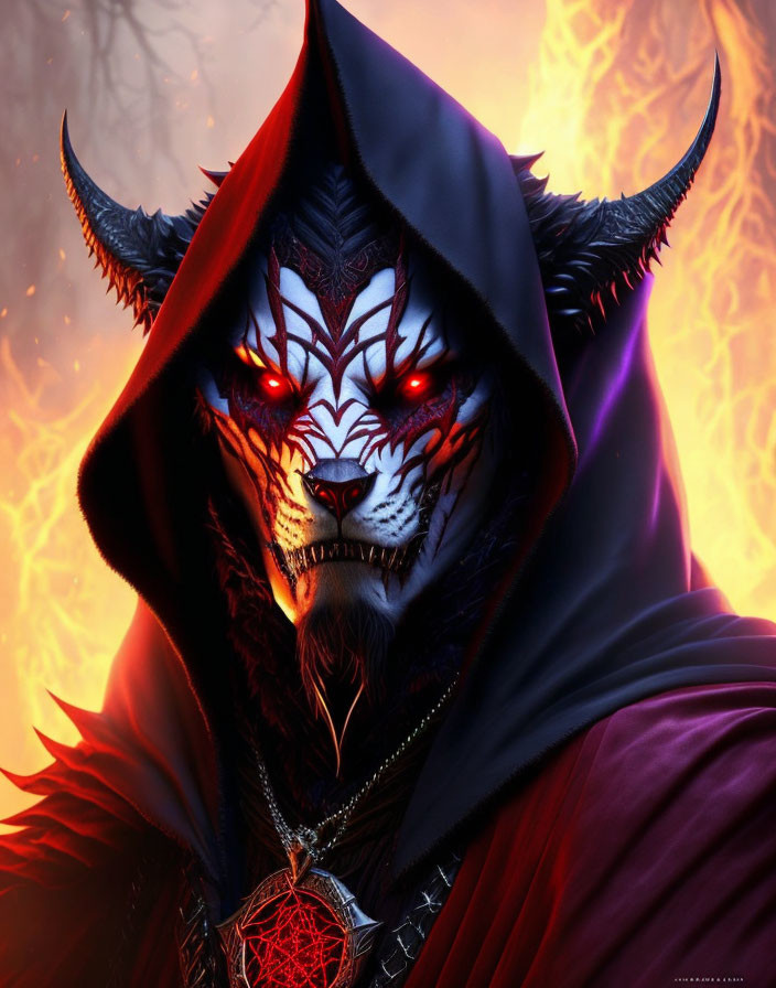 Demonic tiger-like figure with red eyes in hooded cloak on fiery background