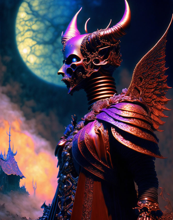 Fantasy artwork: Demonic figure in ornate armor with wings, under blue moon and dark castle