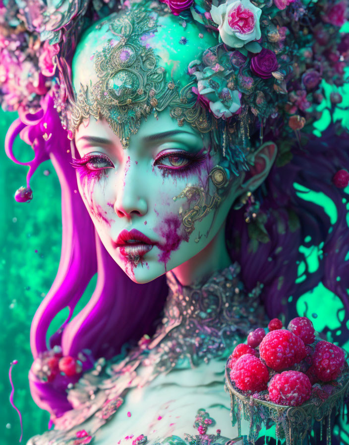 Fantastical creature with purple hair and green skin in digital artwork