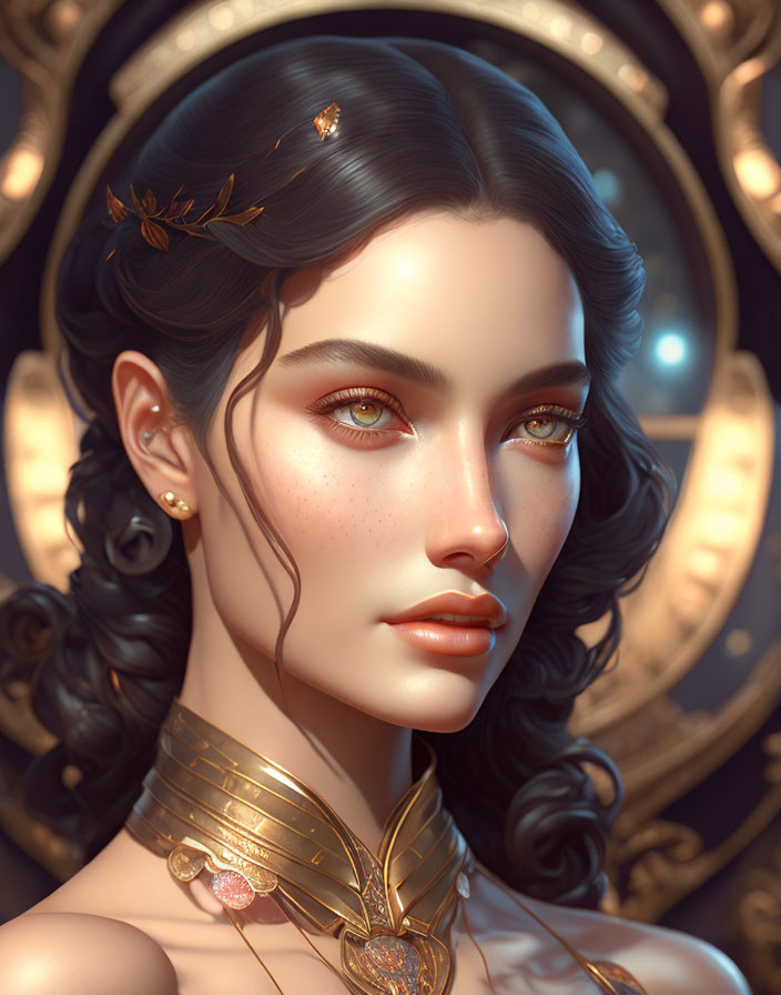 Dark-haired woman with golden accessories in digital portrait