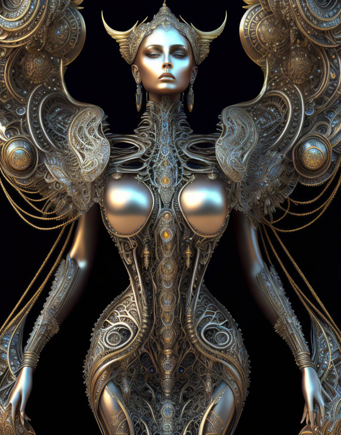 Intricate robotic female figure with golden accents and horns.