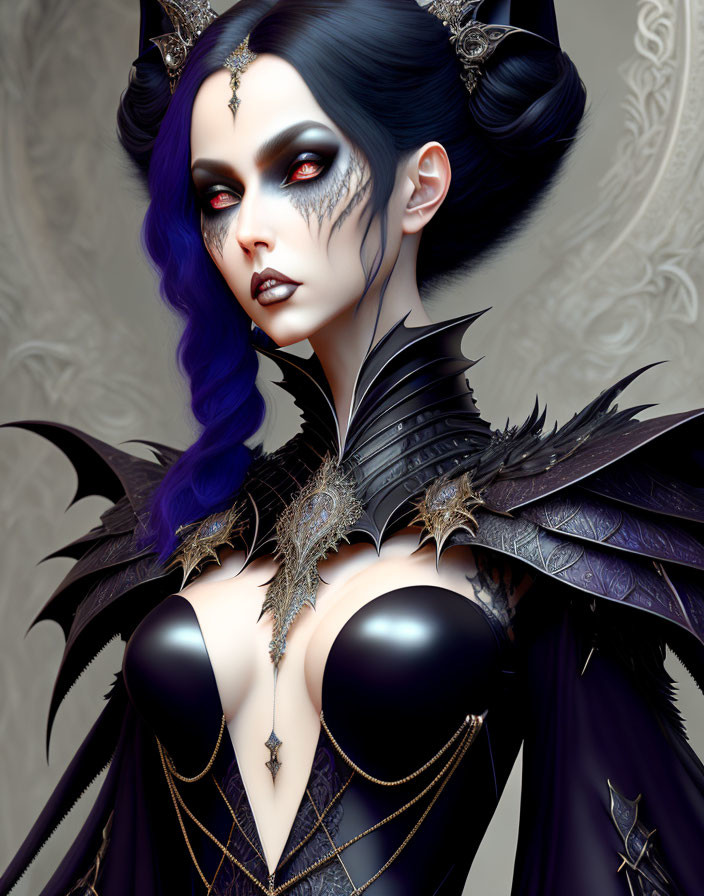 Gothic fantasy character with purple hair and dark attire