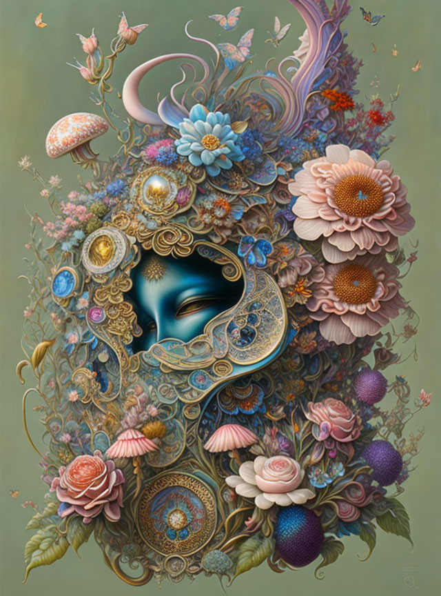 Ornate floral elements and masquerade mask in surreal artwork