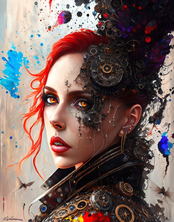 Digital portrait: Woman with red hair, vibrant makeup, and steampunk-inspired gear.