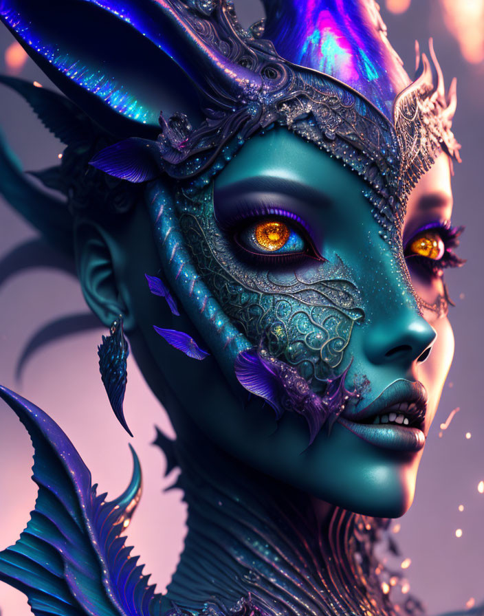 Fantasy Artwork: Blue-Skinned Character with Intricate Scales and Fish-Like Ad