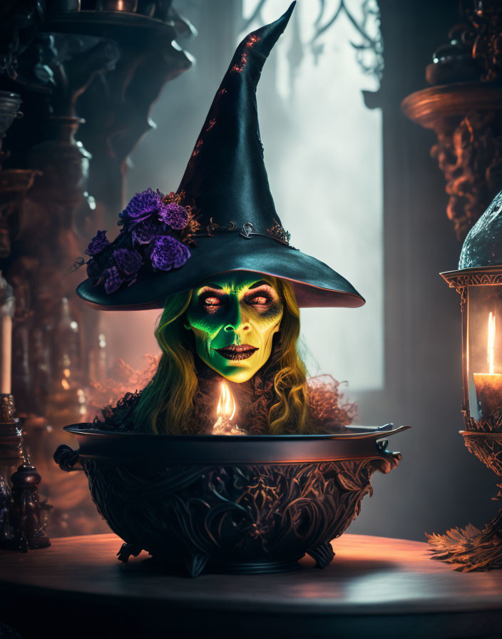 Person in green face paint and witch hat emerging from cauldron in mystical setting