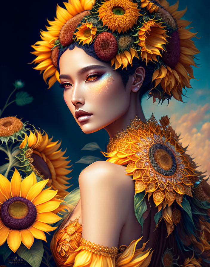 Person with Sunflower Adornments in Golden Makeup on Dark Background