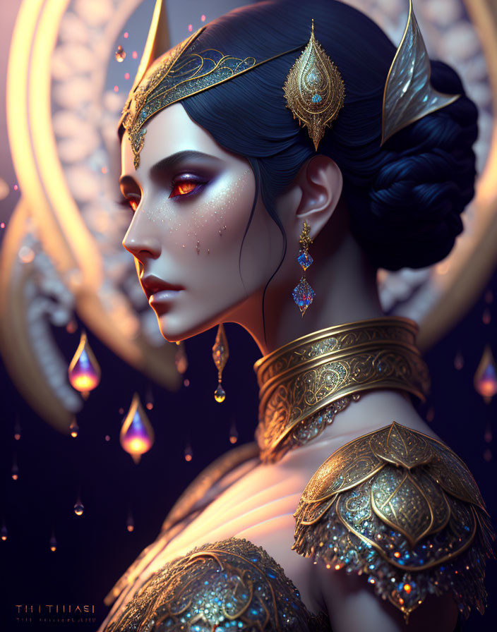 Woman adorned in ornate gold jewelry and headpiece with gemstones under a starry sky.