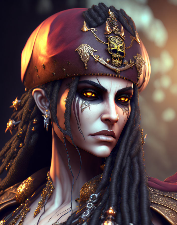 Digital portrait of fierce woman in red pirate hat with skull emblem and glowing yellow eyes