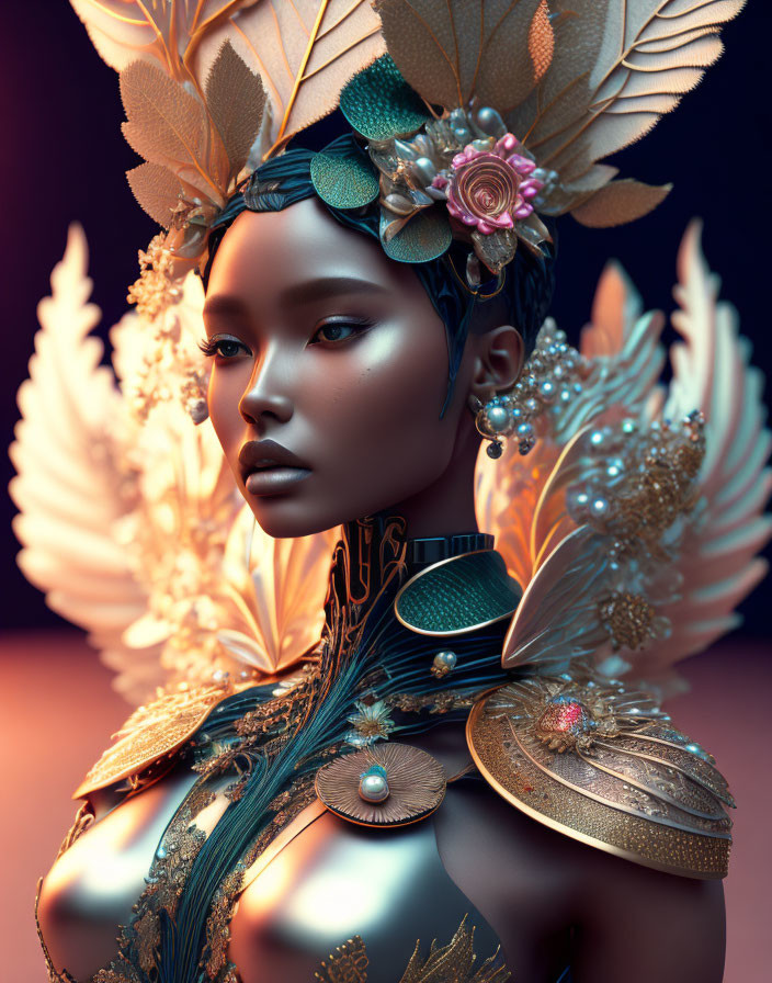 Surreal portrait of woman with metallic skin and ornate accessories