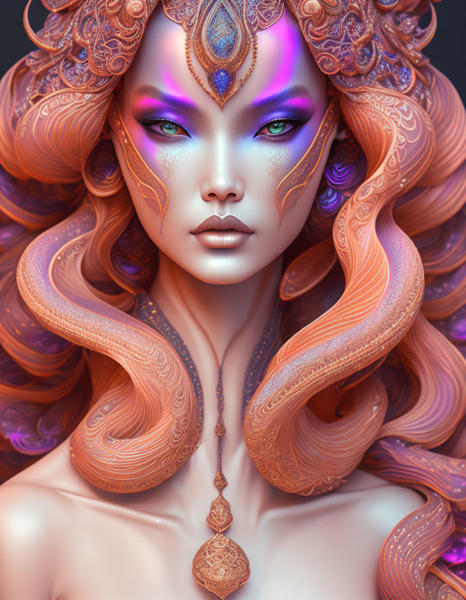 Fantasy character digital artwork with violet eyes and ornate headpiece