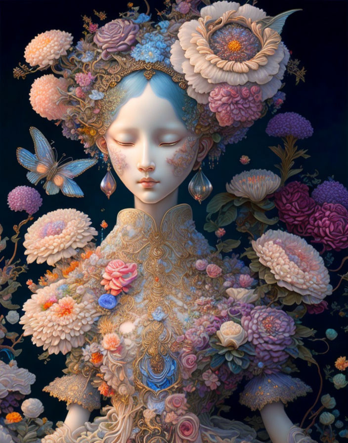 Surreal portrait of woman with floral arrangement and butterflies