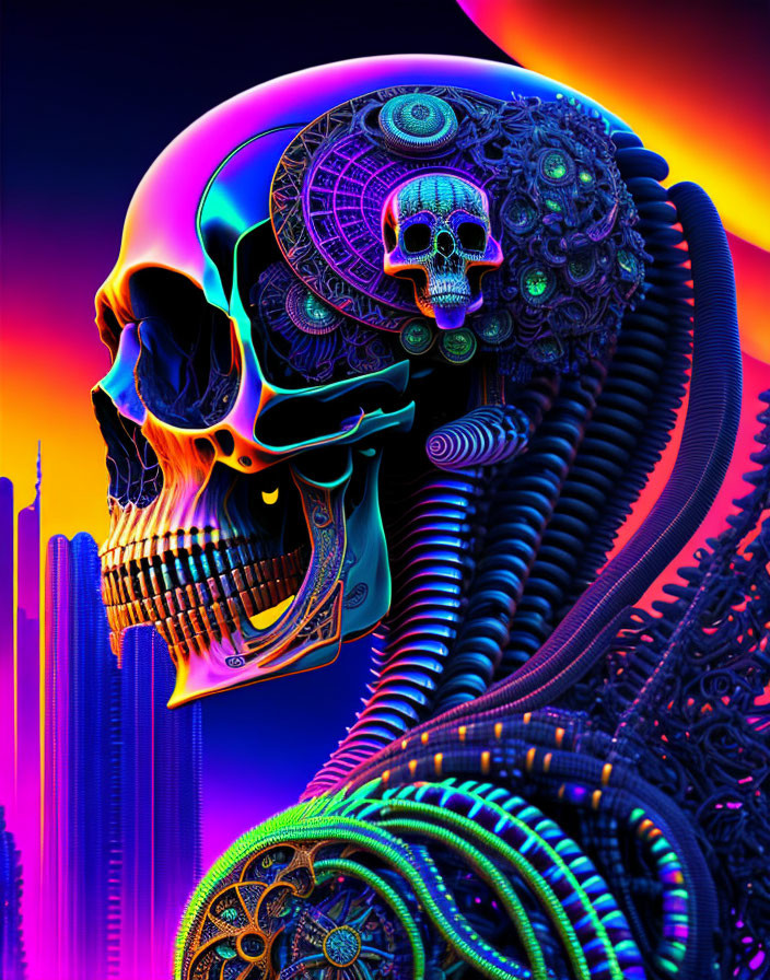 Neon-colored skull with mechanical details on abstract background