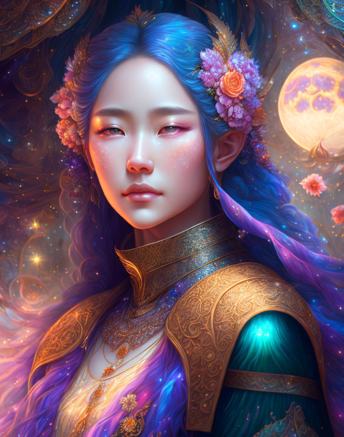 Digital Artwork: Woman with Blue Hair and Celestial Armor in Cosmic Setting