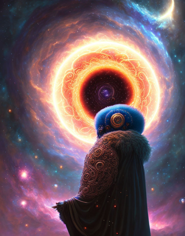 Cloaked Figure Observing Cosmic Vortex in Starry Space