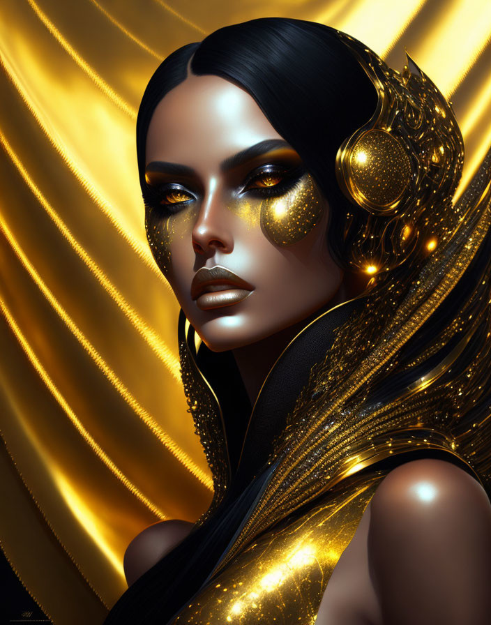 Digital Artwork: Woman with Golden Makeup and Headphones on Golden Backdrop