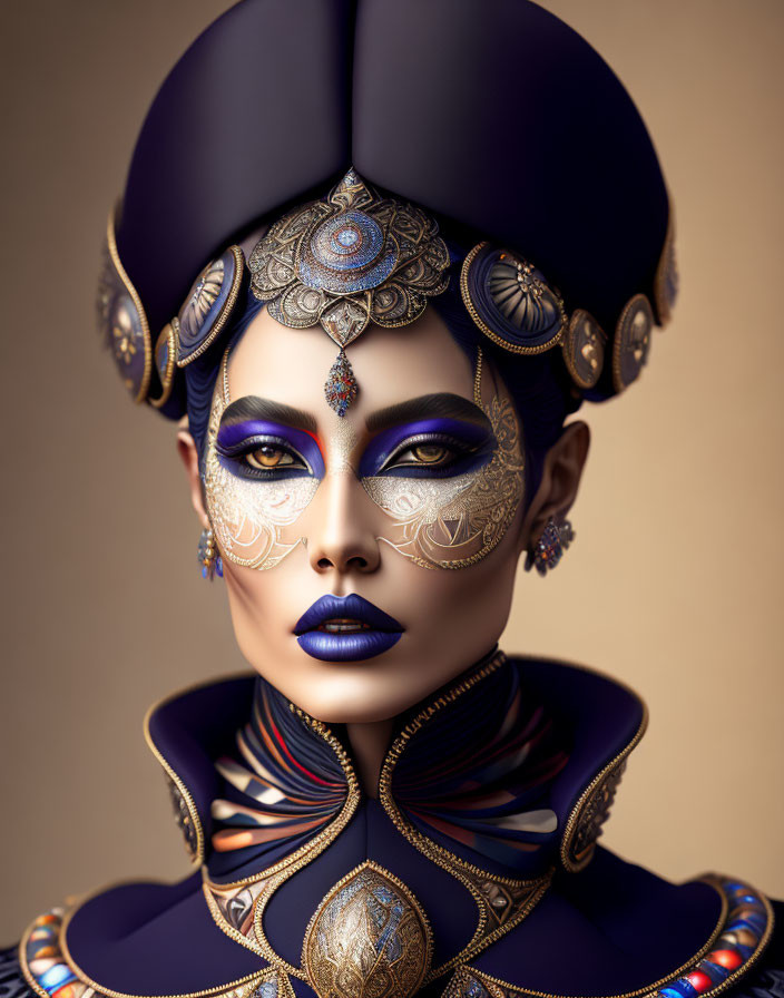 Regal woman portrait with gold accents and blue headdress