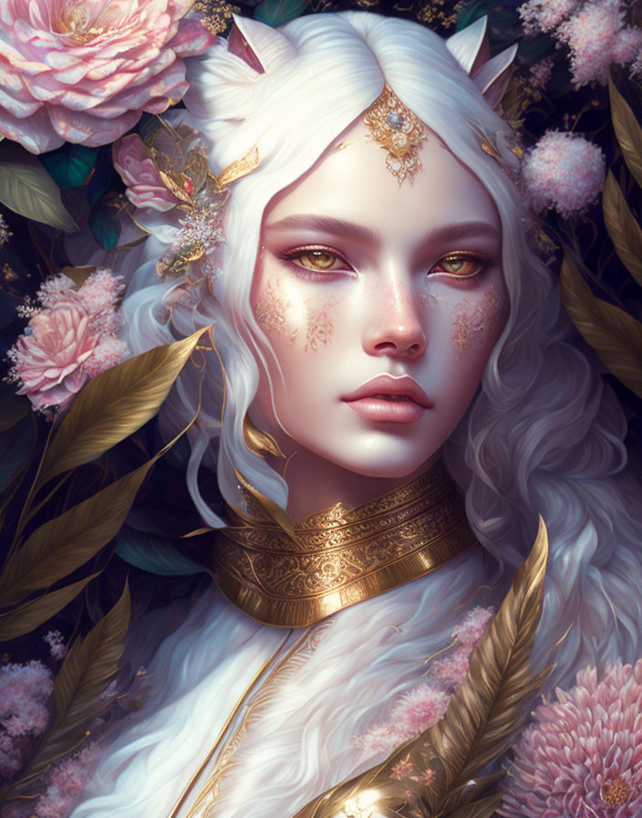 Fantasy portrait: Woman with white hair, golden eyes, gold jewelry, pink flowers