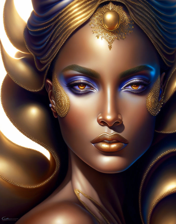 Ethereal woman with golden headdress and blue eyeshadow