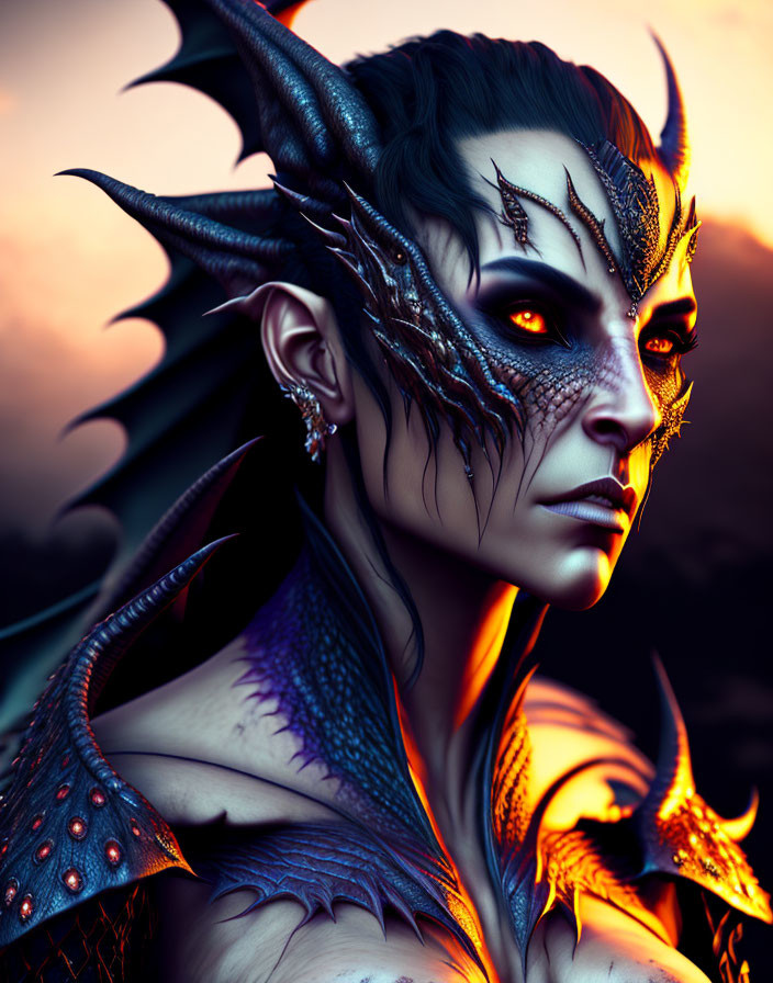 Stylized portrait of female figure with dragon-like features in dusk-colored background