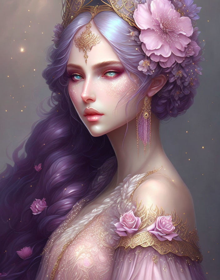 Fantasy illustration: Woman with violet hair, floral crown, gold jewelry, red eyes