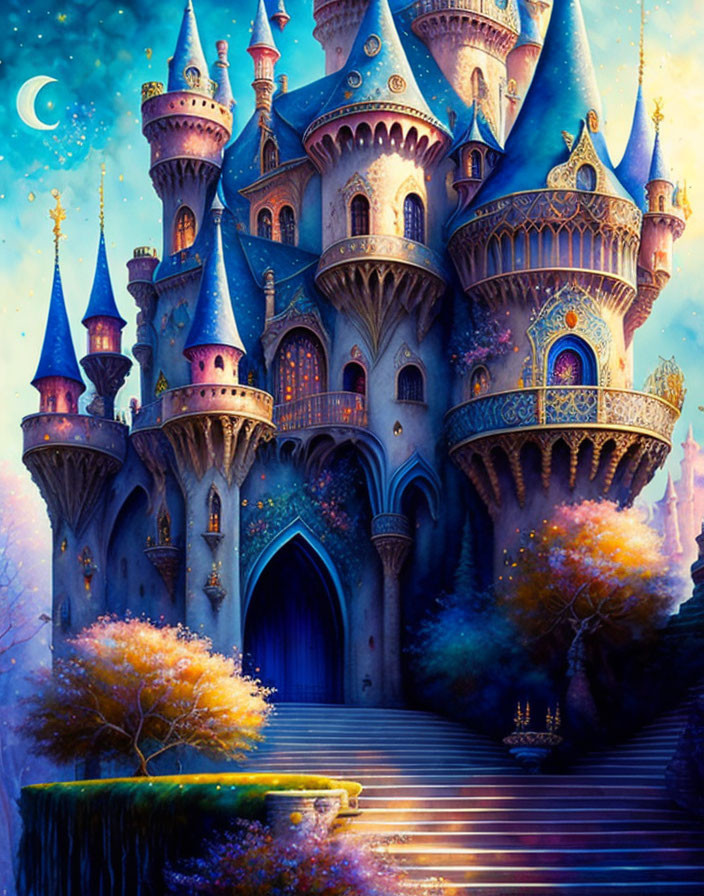 Fantasy castle at night with vibrant colors and magical trees