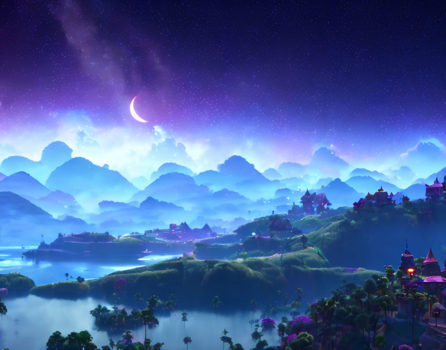 Twilight landscape with crescent moon, stars, galaxy, misty hills, water, and glowing