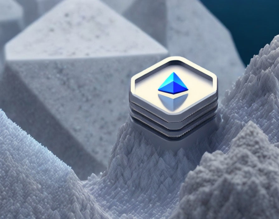 Layered Hexagonal Token with Blue Pyramid Logo on Digital Landscape