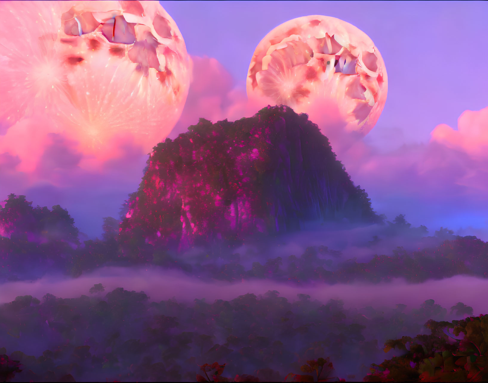 Vibrant landscape with two moons, misty jungle, pink-lit mountain