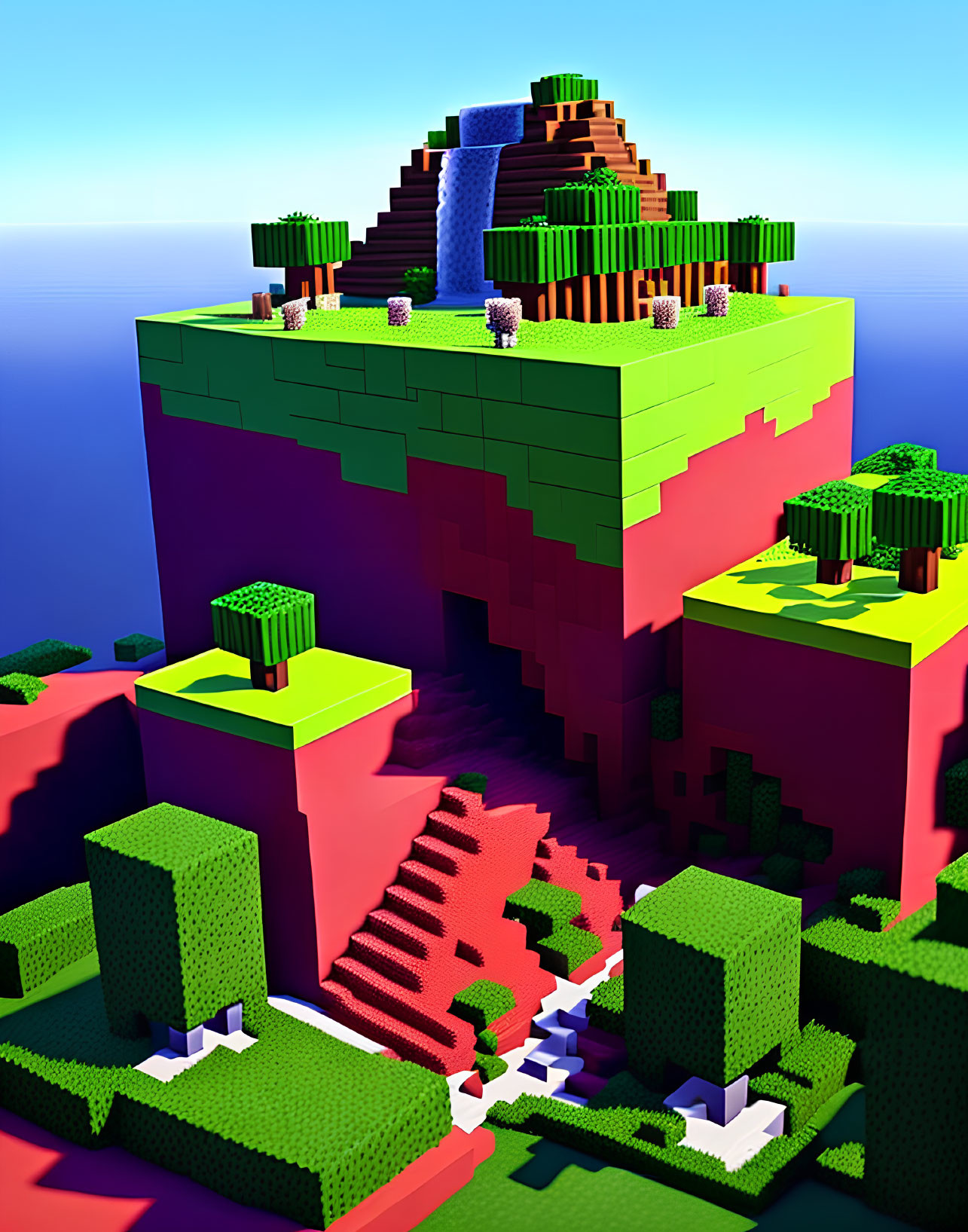 Colorful Voxel Landscape with Cubic Mountain & Waterfalls