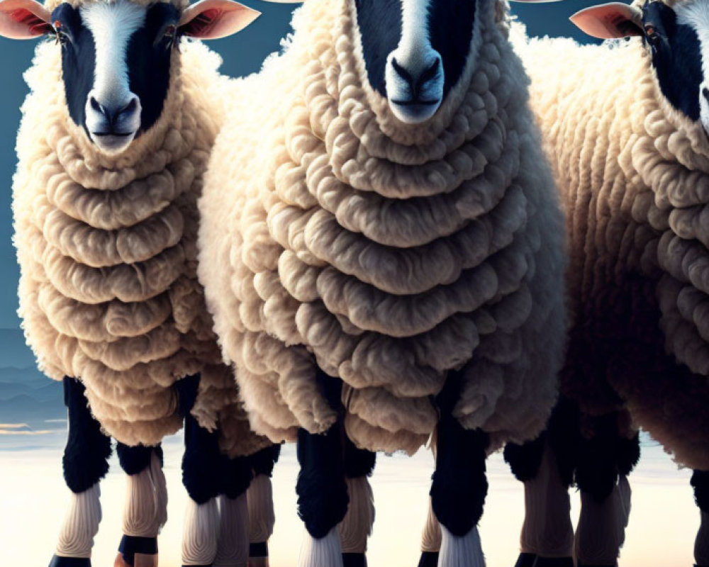 Three Sheep with Prominent Wool on Gradient Blue Background