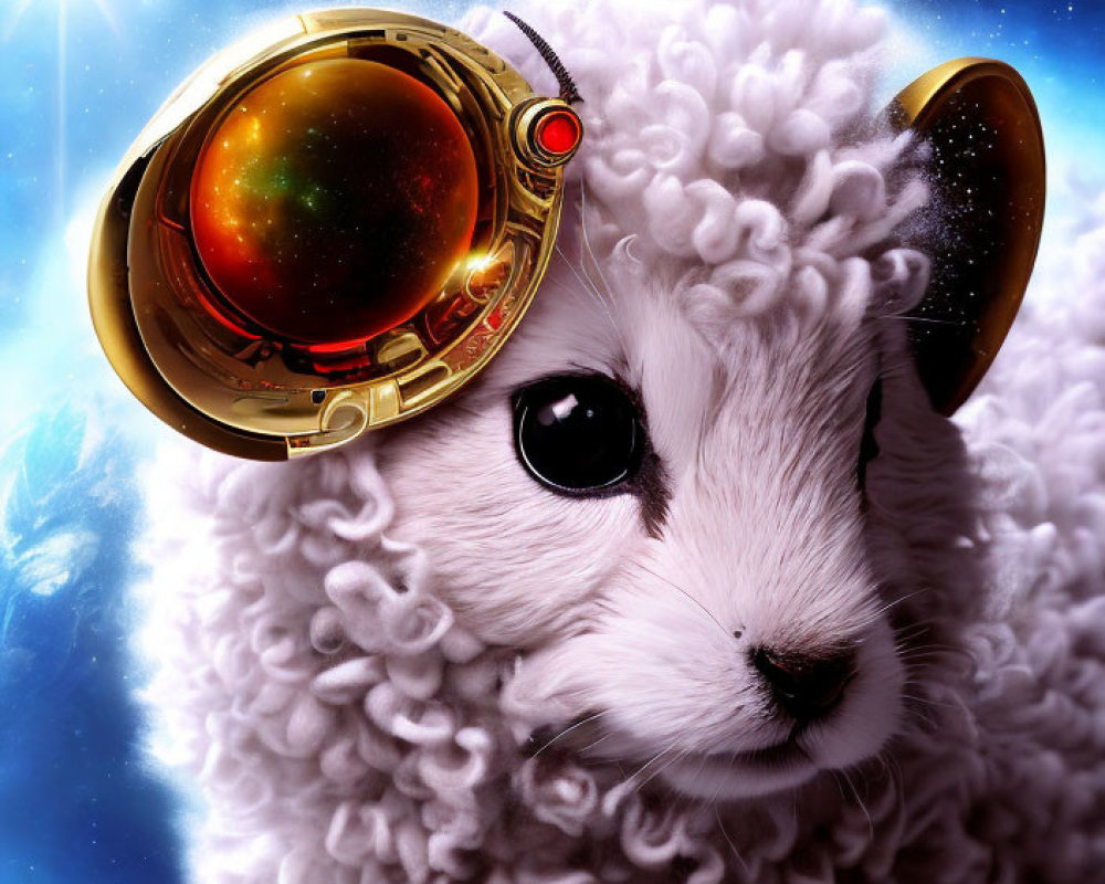 Fluffy white sheep in golden space helmet on cosmic background