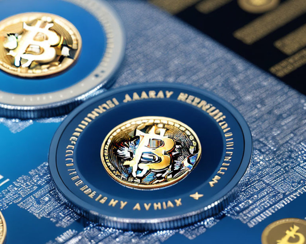 Cryptocurrency-themed physical bitcoin tokens on blue surface