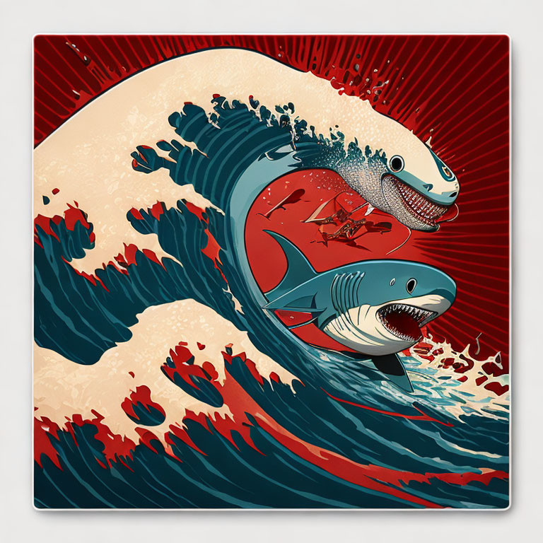 Stylized illustration of two sharks in dynamic red and blue backdrop