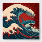 Stylized illustration of two sharks in dynamic red and blue backdrop