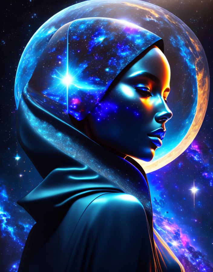 Digital artwork of woman with cosmic hijab & moon background