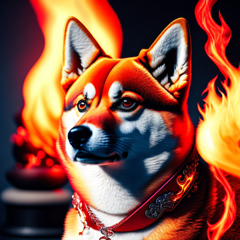 Stylized Shiba Inu Dog Art with Digital Flames on Dark Background