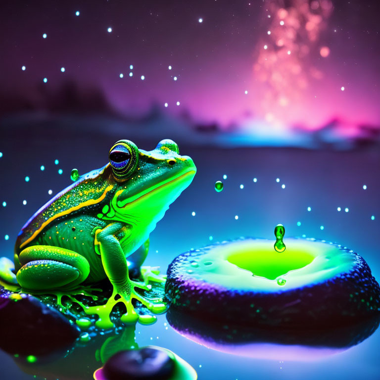 Neon-colored frog on leaf with luminescent water drop in aurora backdrop