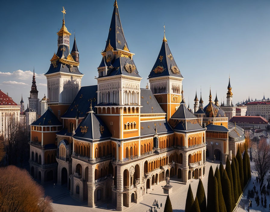 Majestic building with ornate spires and golden domes against clear blue sky