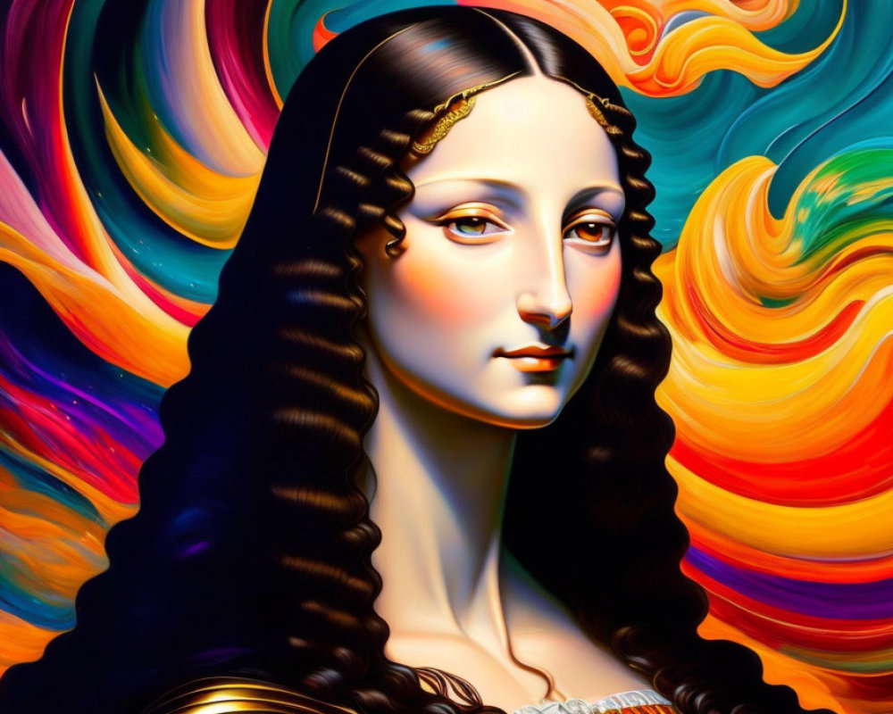 Digital artwork blending Mona Lisa with colorful abstract waves and swirls