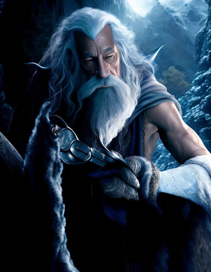 Elderly wizard with white hair and staff in blue robes on misty mountains