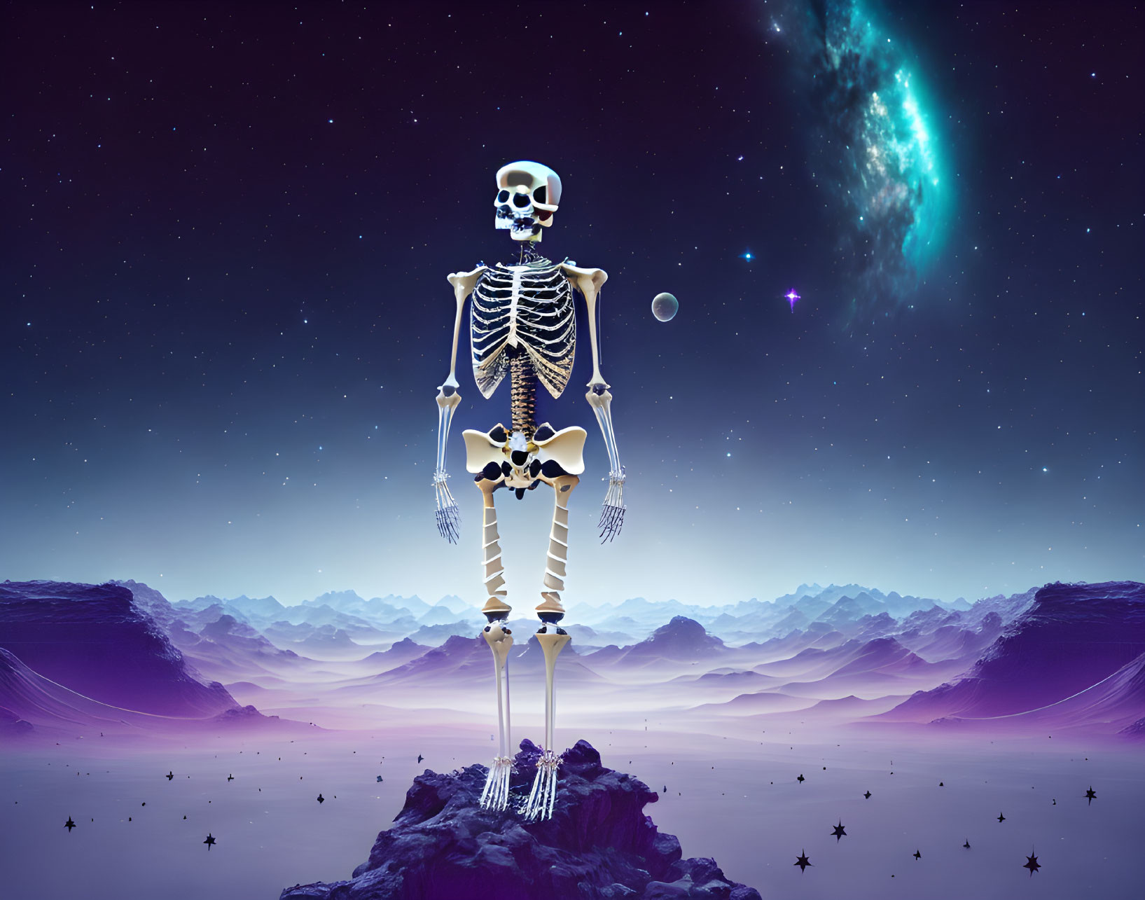 Skeleton on rocky terrain under cosmic backdrop with stars, nebula, and celestial bodies