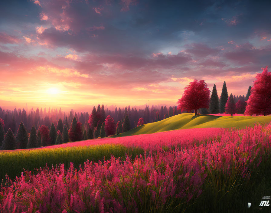 Colorful Sunrise Landscape with Pink Flowers and Forest