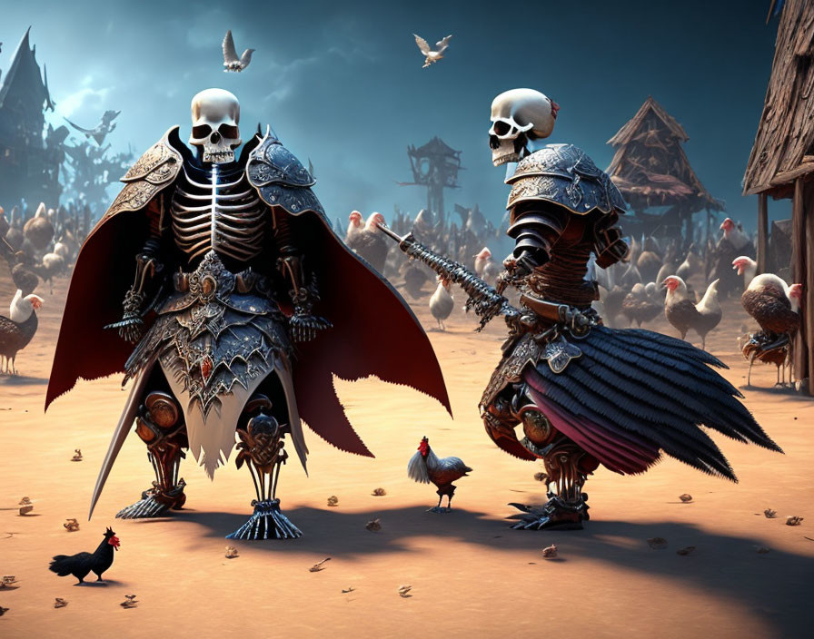 Armored skeleton warriors on battlefield with chickens and flying skulls